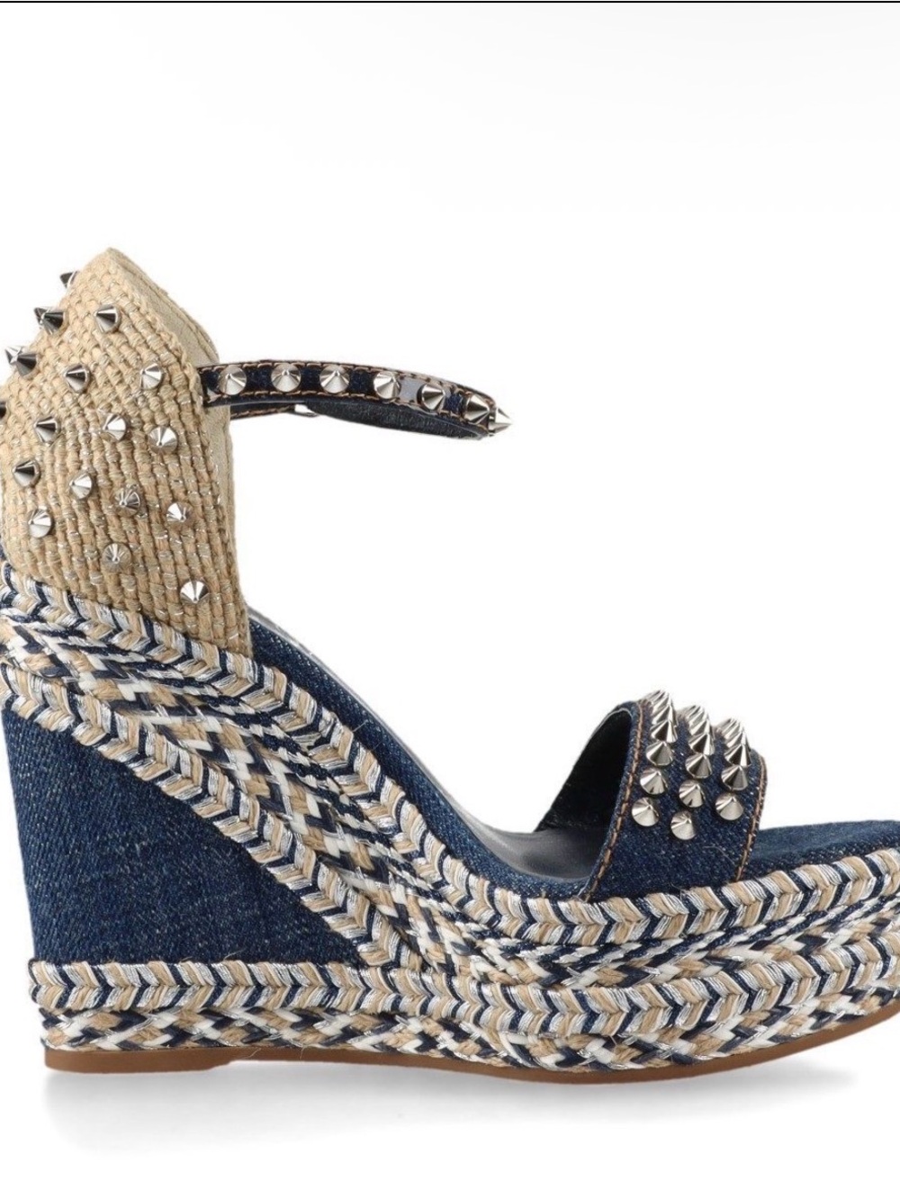 Christian Louboutin Denim & Natural Espadrille Wedge Sandals with Studs - Picture 2 of 9